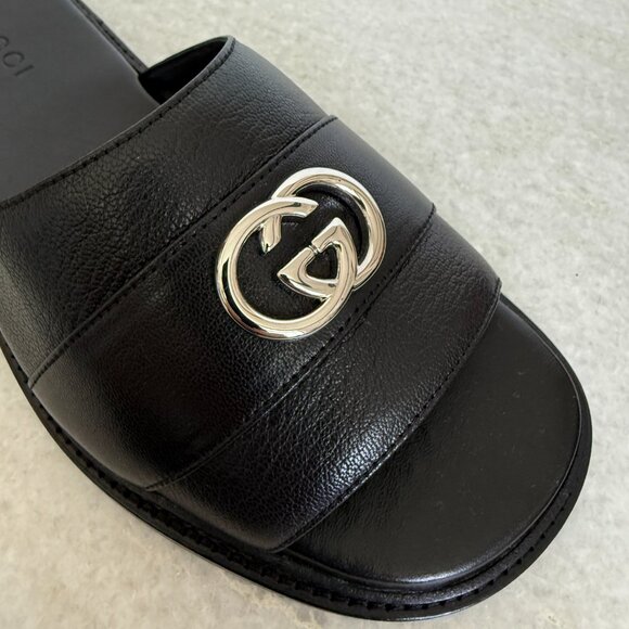 GUCCI 777849 MEN'S BLACK LEATHER INTERLOCKING G SANDALS, Gucci sz 7.5 (US 8) - Picture 6 of 13